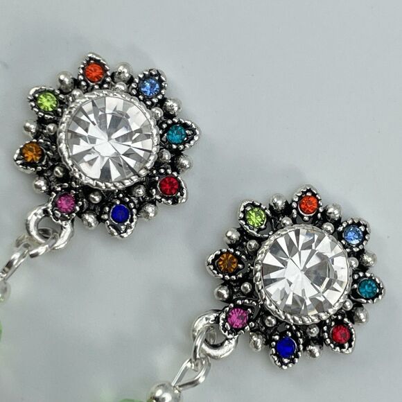 Sterling Silver Plated Multi Color Beaded Flower Rhinestone Dangle Earrings Boho - Picture 4 of 8